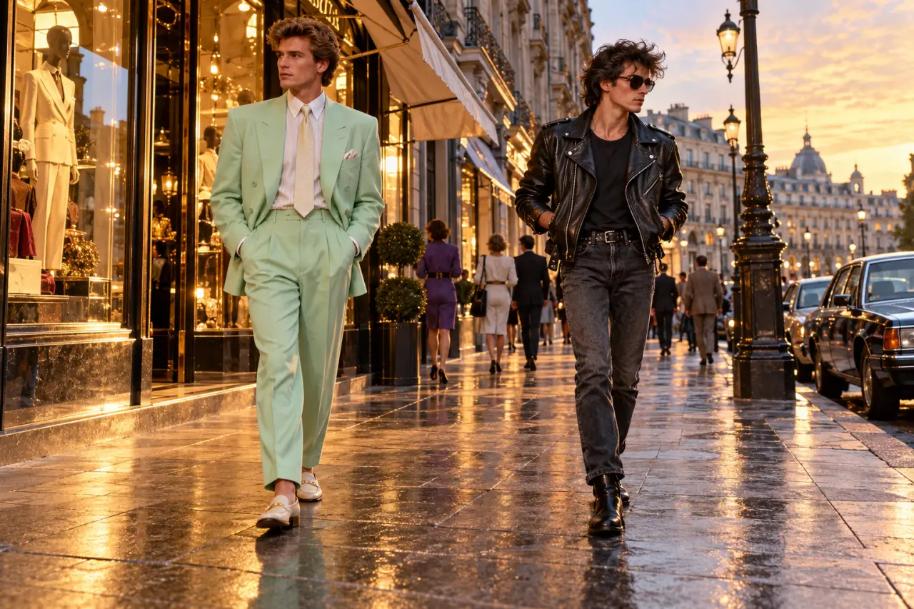 Style années 80 homme : du costume pastel au cuir rock, sans mélanger les codes