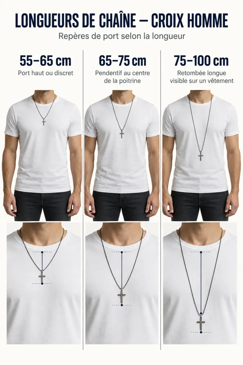 Bijoux homme croix : schéma des longueurs de chaîne de 55 à 100 cm