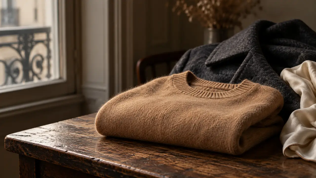 Pull en cachemire vintage aux tons naturels dans un intérieur lumineux