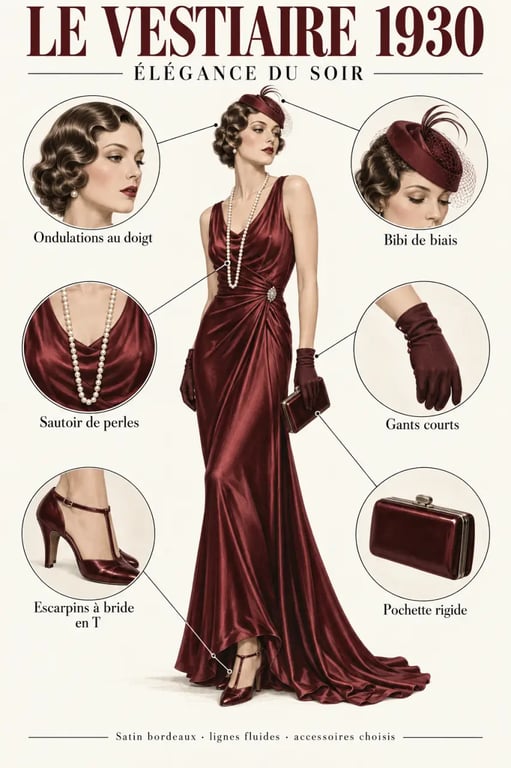 Accessoires et coiffure d'une tenue femme des années 30