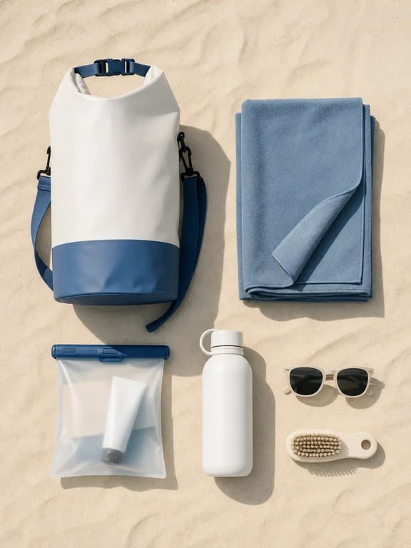 Accessoires pour la plage indispensables pour une sortie légère avec serviette microfibre, sac imperméable et pochette étanche