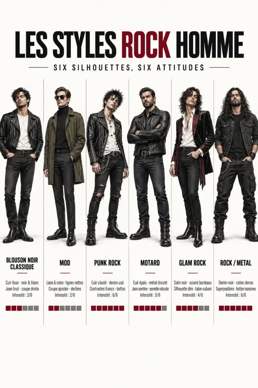 Comparatif visuel des six sous-styles du style rock homme