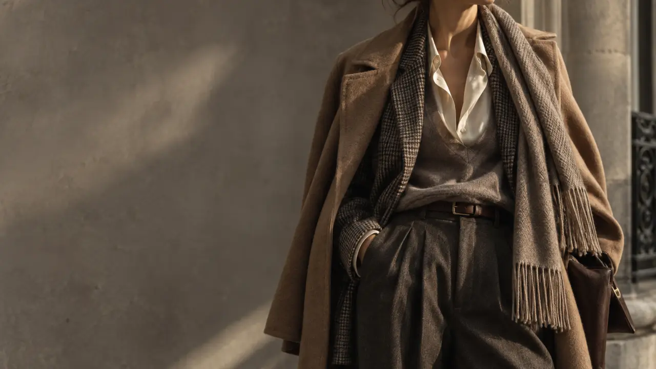 Silhouette vintage composée d'un manteau, d'une maille fine et d'une chemise en superposition
