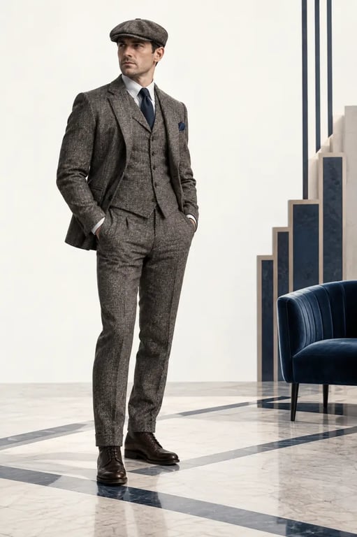 Vêtement année 20 pour homme : costume trois-pièces en tweed et casquette plate