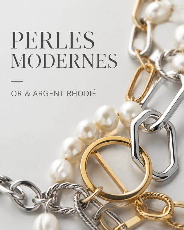 Bijoux tendance 2025 : perles modernisées et métaux mixtes dans une composition éditoriale