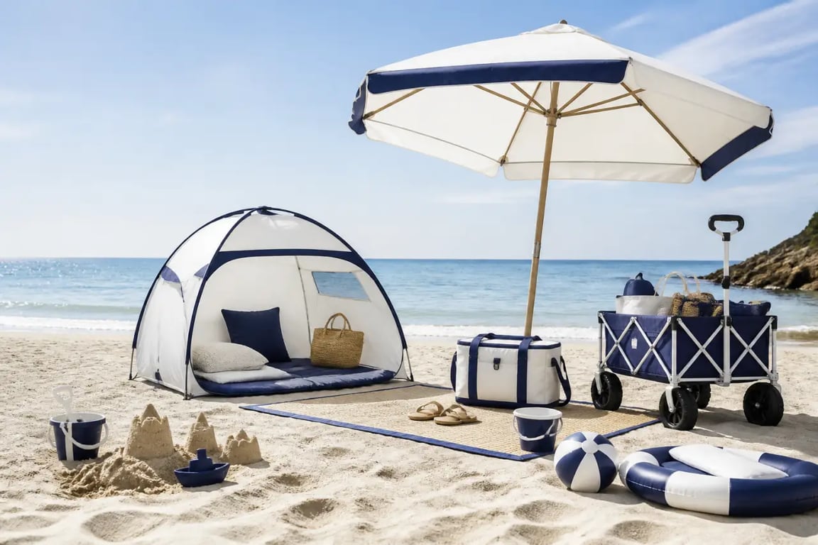 Accessoires pour la plage pour une journée en famille avec parasol, tente UV, glacière et chariot