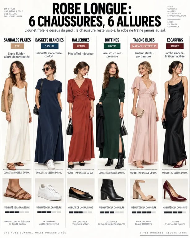 Quelle chaussure avec robe longue : six associations de sandales, baskets, ballerines, bottines et talons