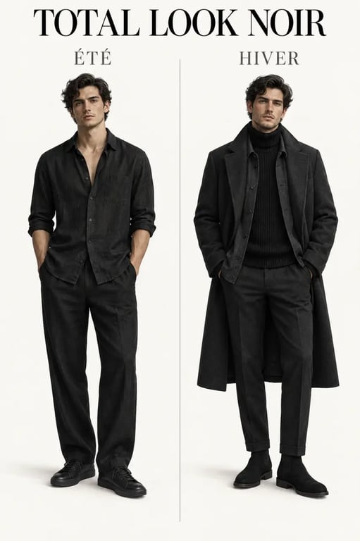 Total look noir homme en été et en hiver avec matières adaptées