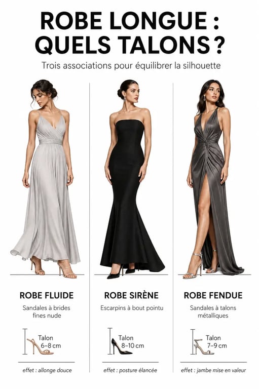 Quelle chaussure avec une robe longue de soirée : comparaison visuelle des meilleures associations selon la coupe, la couleur et la hauteur de talon