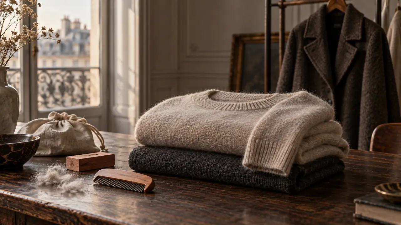 Pull en cachemire vintage soigneusement plié sur une surface en bois