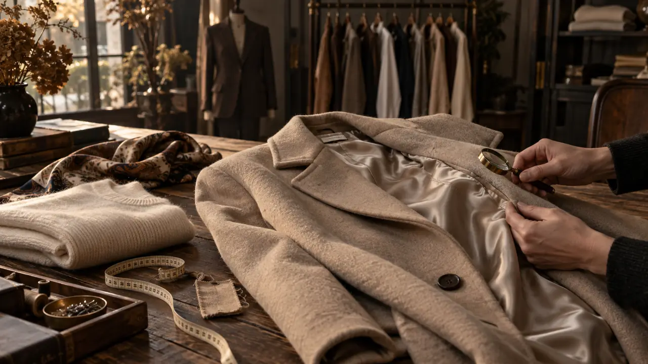 Détails d'un manteau vintage en laine présenté dans une friperie