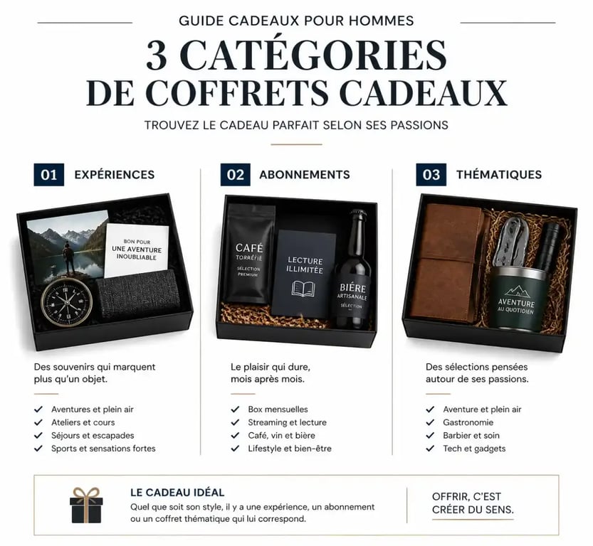 Infographie présentant les types de cadeau box pour homme