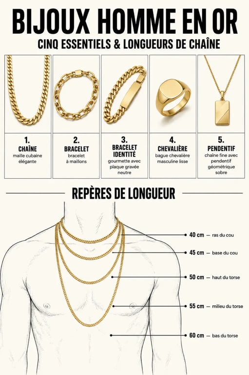 Infographie des bijoux homme en or, types de bijoux et longueurs de chaîne de 40 à 60 cm