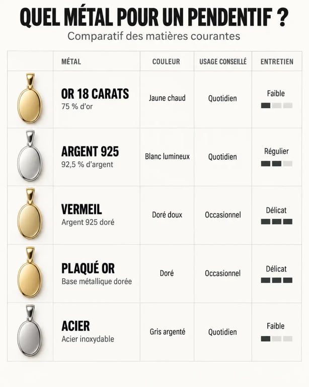 Infographie comparant les matières d’un pendentif original pour homme