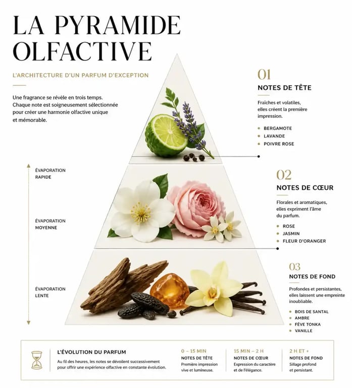 Pyramide olfactive d'un parfum femme de luxe expliquant les notes de tête, de cœur et de fond