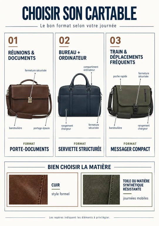 Infographie pour choisir un cartable pour homme selon l’usage, la matière et les compartiments