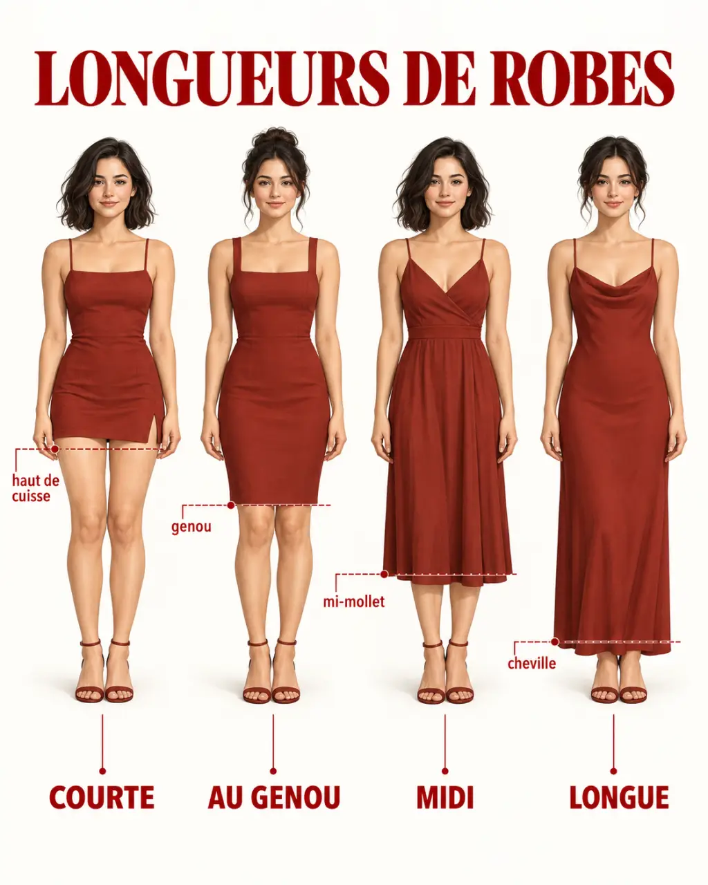 Différentes longueurs de robes femme petite, de la robe courte à la robe longue