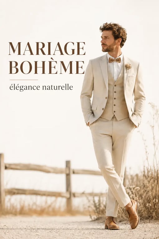 Style bohème chic pour homme : tenue de mariage bohème avec costume beige, gilet et nœud papillon raffiné