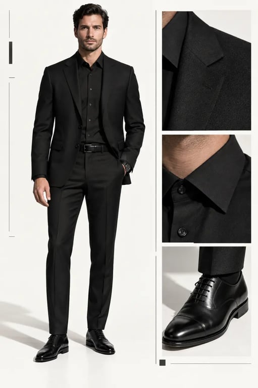 Total look noir homme formel avec costume, chemise noire et Richelieu