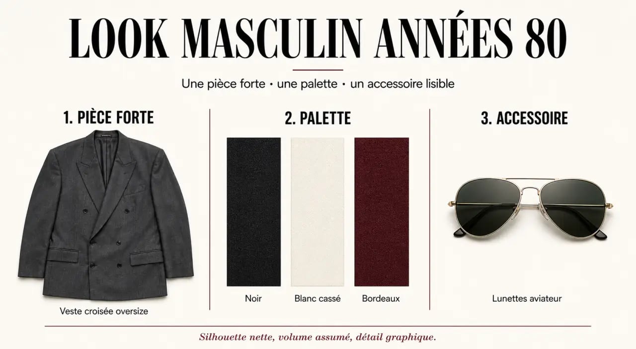 Mode homme annees 80 : composition d’une tenue rétro avec pièce forte, couleurs et accessoires