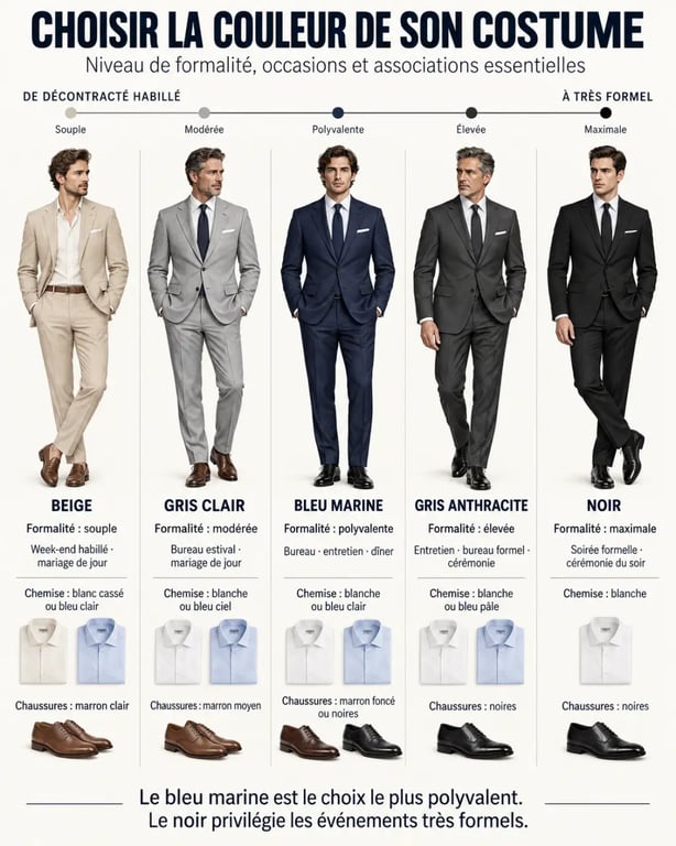 Infographie comparative sur la couleur de costume homme selon la formalité et les occasions