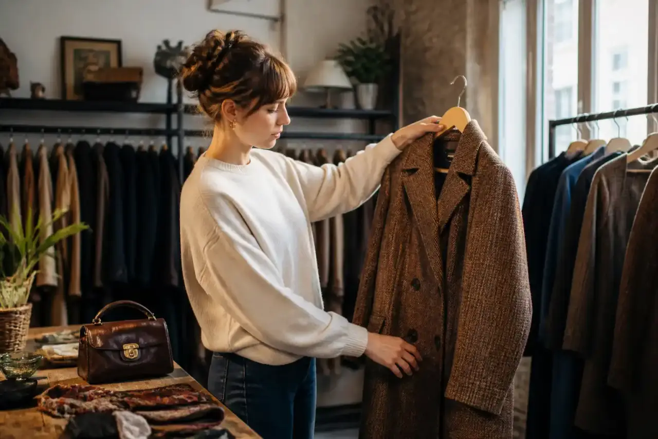 Manteau vintage élégant présenté dans un style éditorial minimaliste