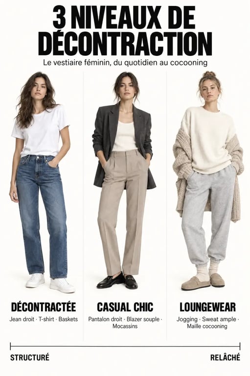Tenue décontractée femme, casual chic et loungewear présentés dans une infographie comparative