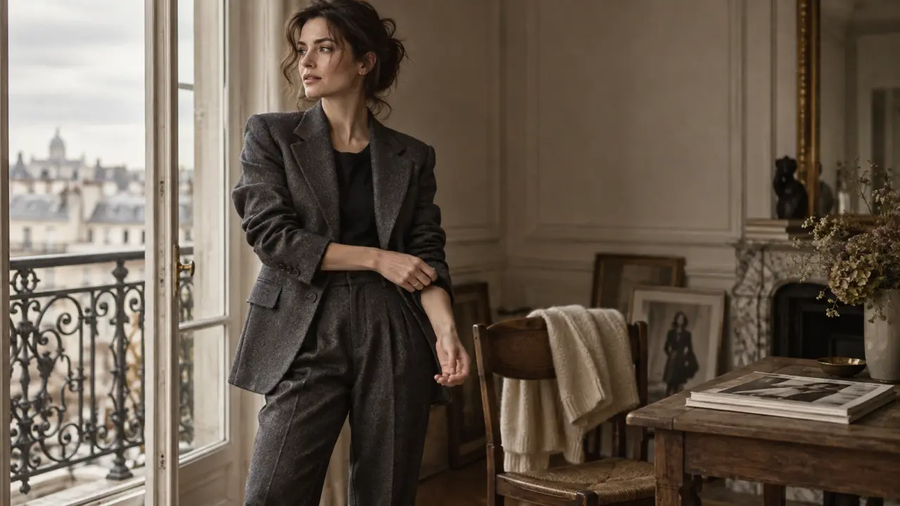 Femme portant un tailleur vintage dans une rue parisienne
