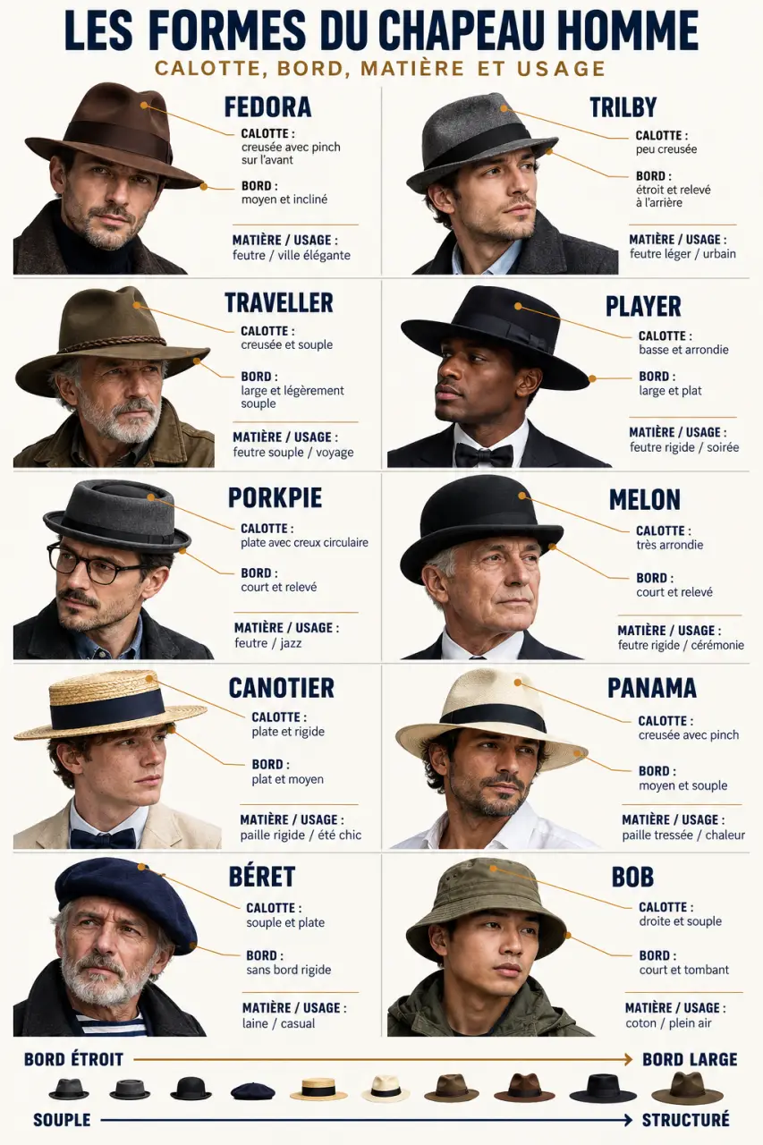 Infographie comparative des types de chapeaux homme, de la calotte et du bord du Fedora, Trilby, Panama, Canotier, béret et bob