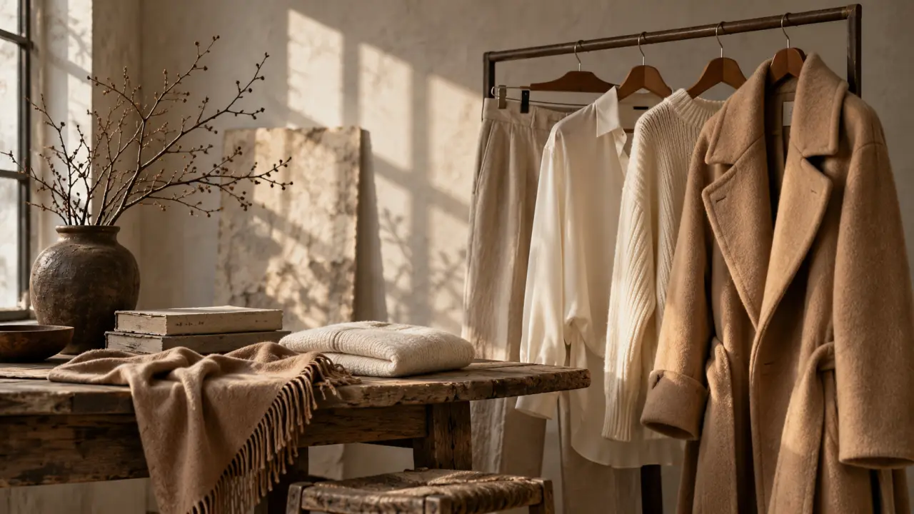 Vestiaire intemporel associant maille en cachemire, chemise en lin et manteau vintage dans des tons naturels