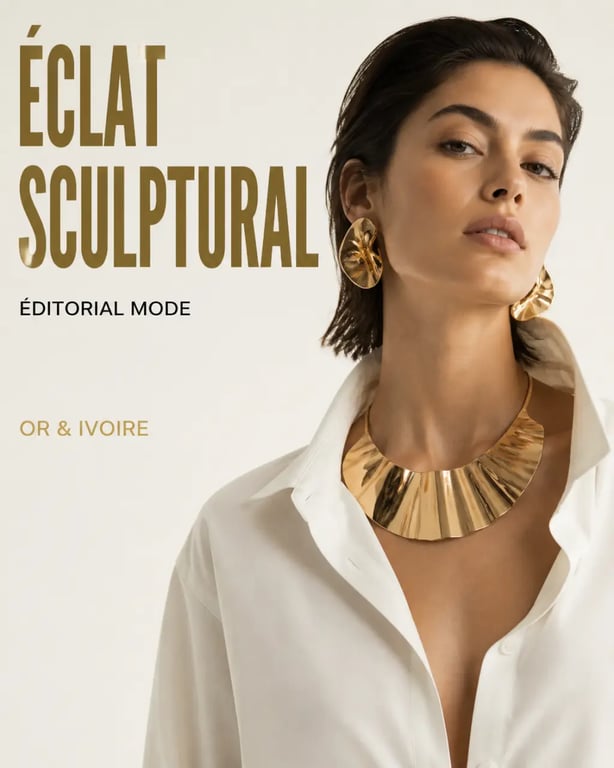 Bijoux tendance 2025 : collier plastron sculptural et boucles statement sur chemise blanche