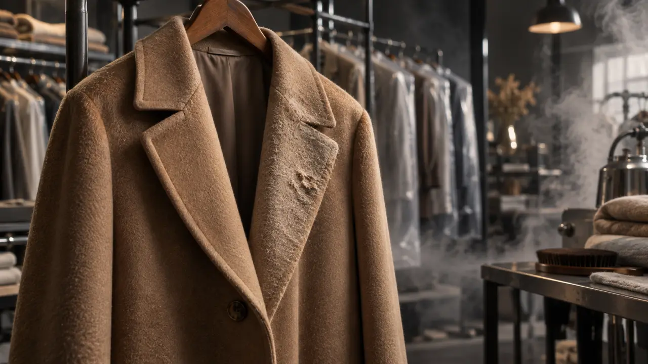 Manteau vintage en laine suspendu dans un pressing soigneux