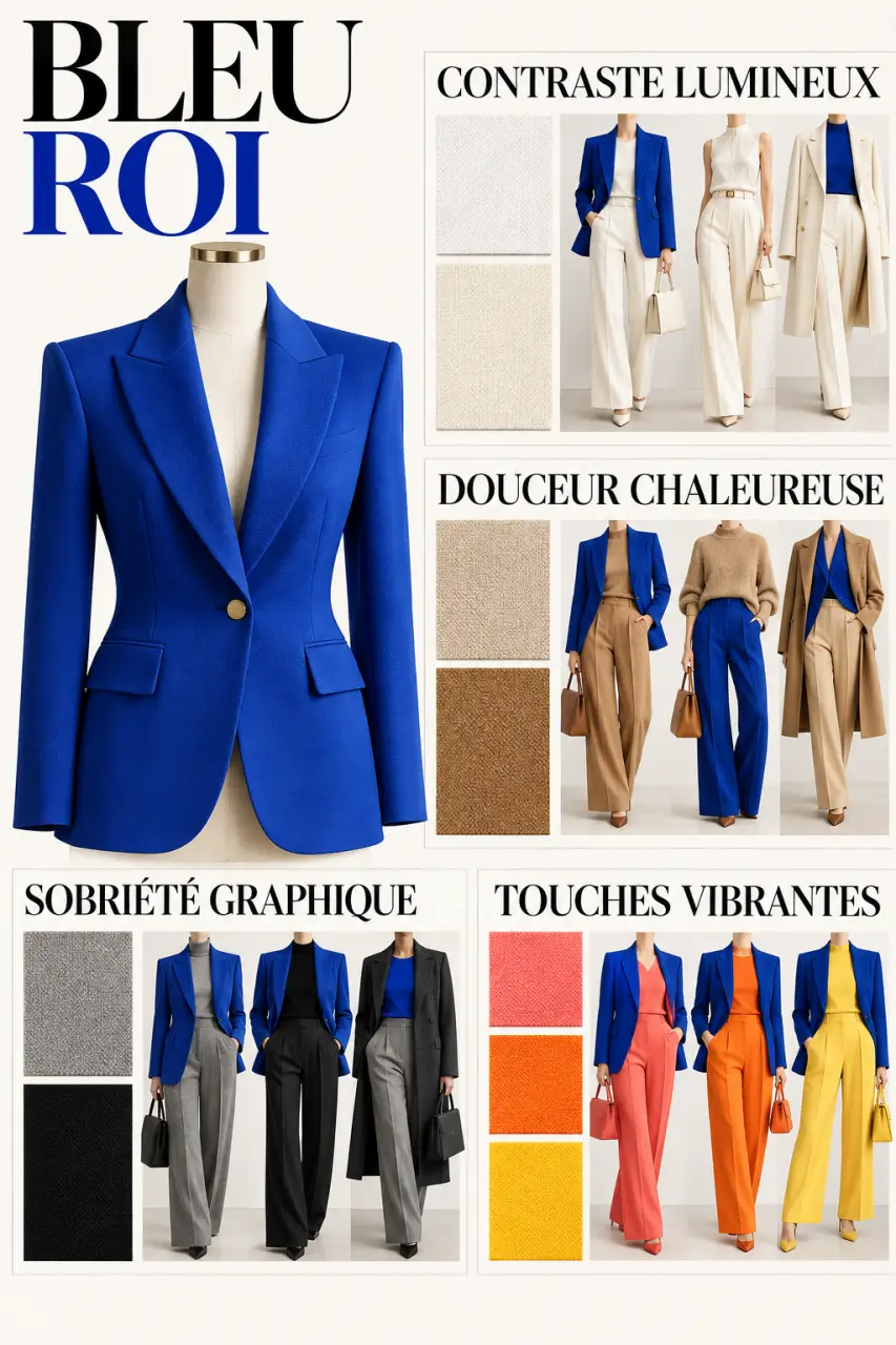 Quelle couleur va avec le bleu roi vêtement : associations avec blanc, beige, noir, corail et orange