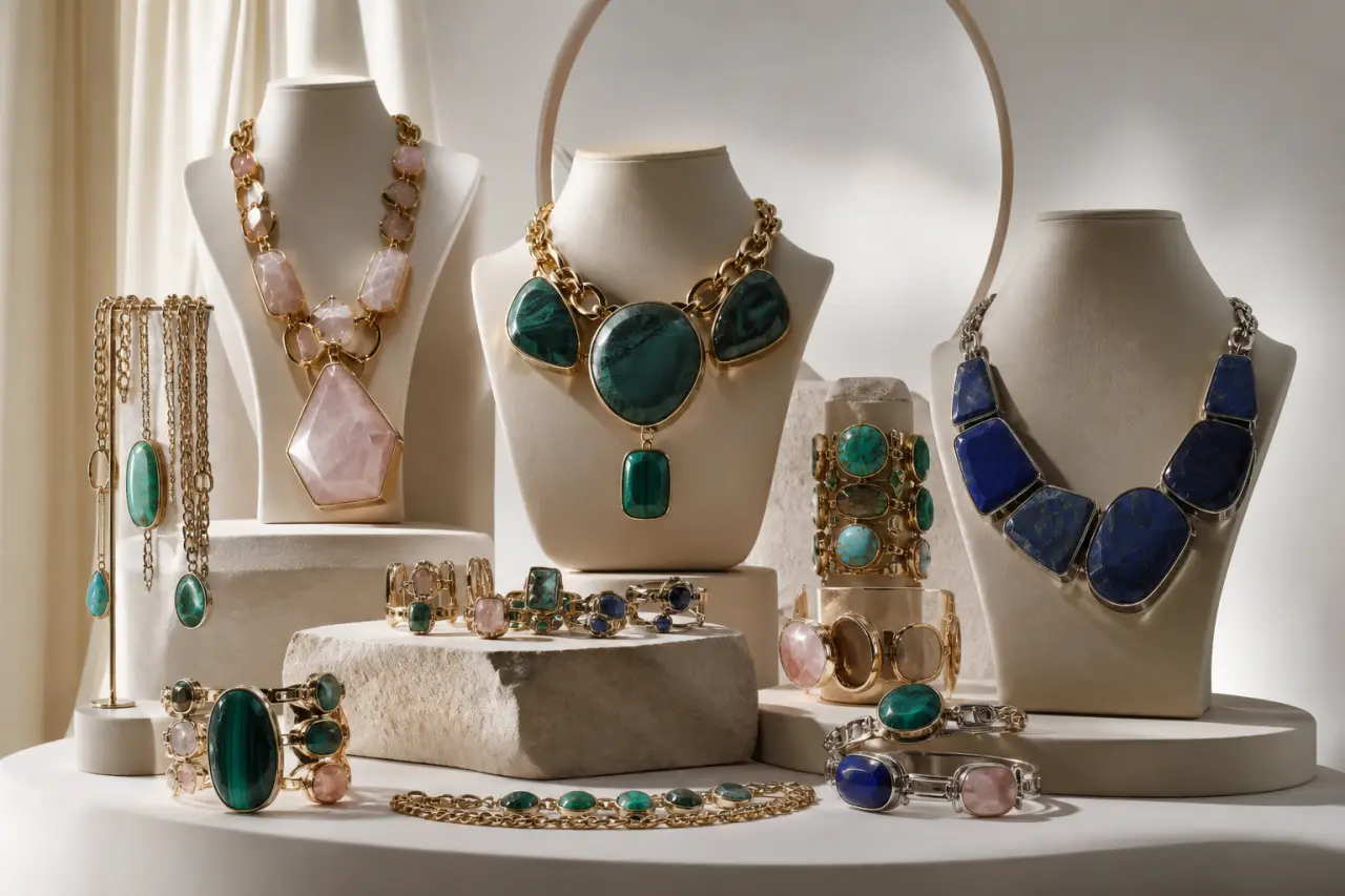 Bijoux tendance 2025 : plastrons XXL, pierres naturelles et stacking maîtrisé
