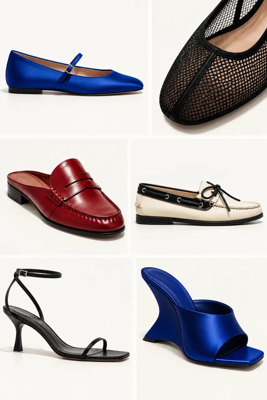 Sélection de chaussures tendance 2026 avec ballerines, mocassins, chaussures bateau et sandales