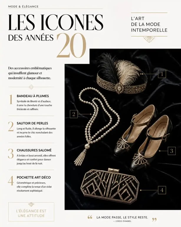 Accessoires indispensables pour une tenue femme année 20 : headband, sautoir et chaussures style Charleston