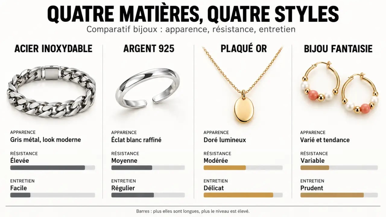 Bijoux adolescent : comparaison visuelle de l'acier inoxydable, de l'argent 925, du plaqué or et du bijou fantaisie