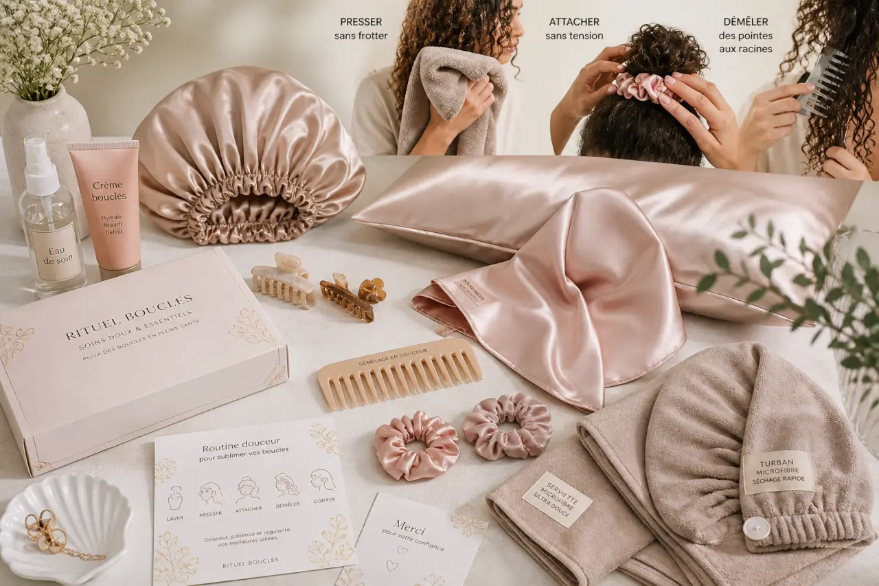 Accessoires pour boucles cheveux : satin, microfibre et gestes qui évitent la casse