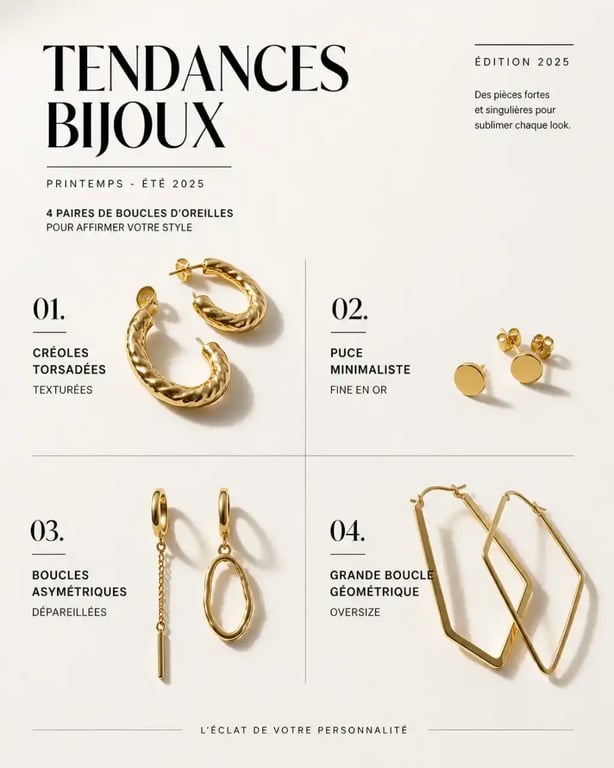 Quatre styles de boucle d'oreilles tendance 2025 : créoles, puce, asymétrique et oversize