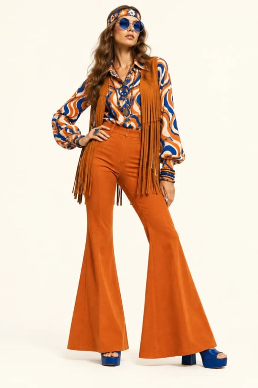 Déguisement hippie femme flower power avec pantalon pattes d’eph et accessoires