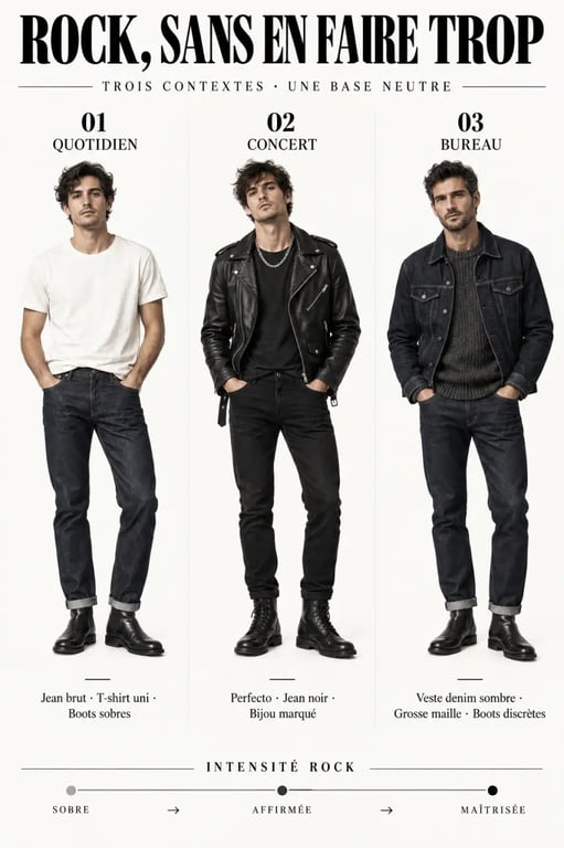 Trois idées de tenues de style rock homme pour le quotidien, le concert et le bureau