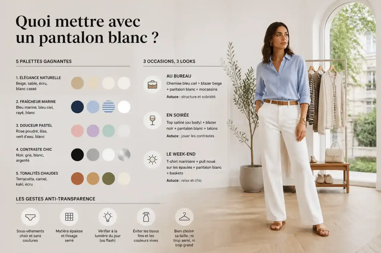 Quoi mettre avec un pantalon blanc ? 5 palettes, 3 occasions et les gestes anti-transparence