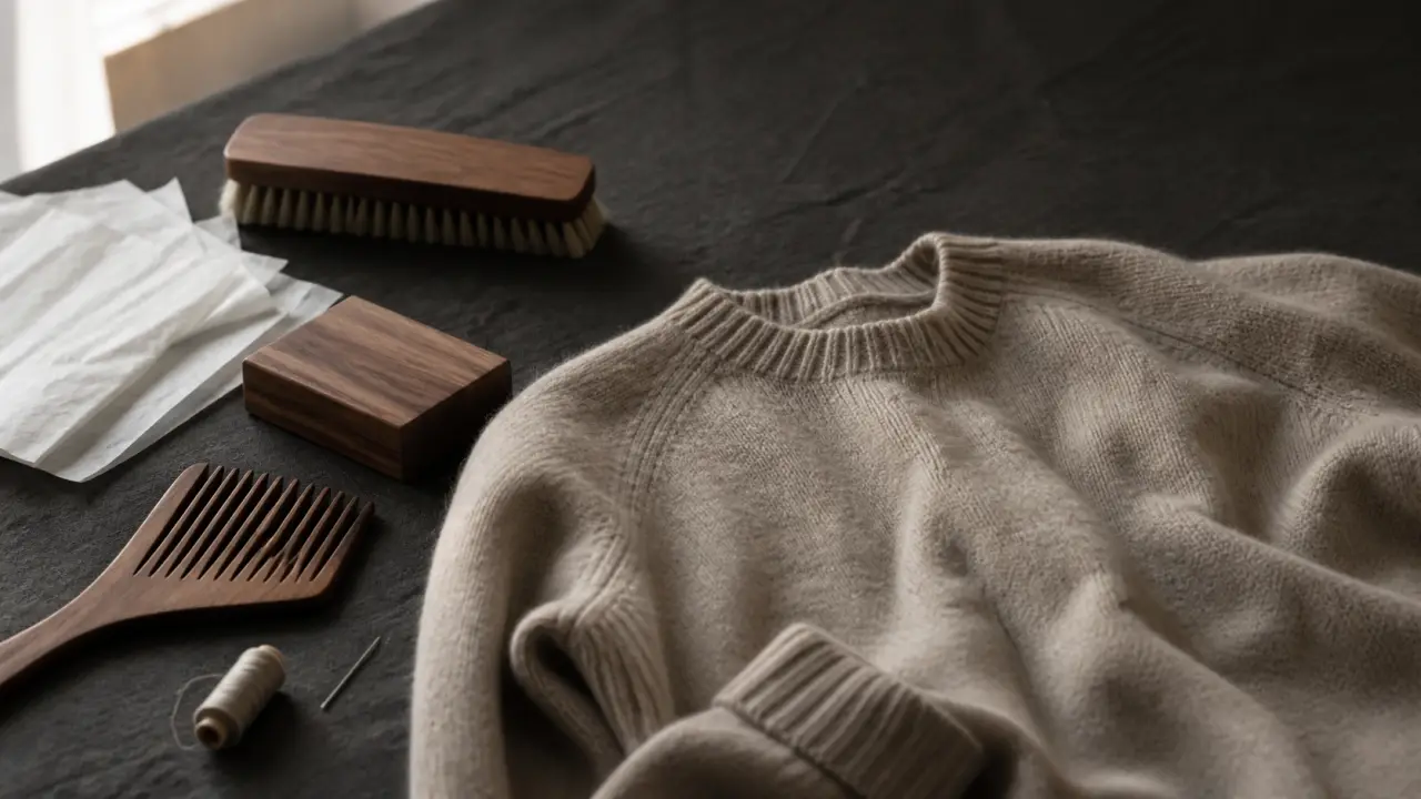 Maille cachemire soigneusement posée dans une ambiance éditoriale minimaliste