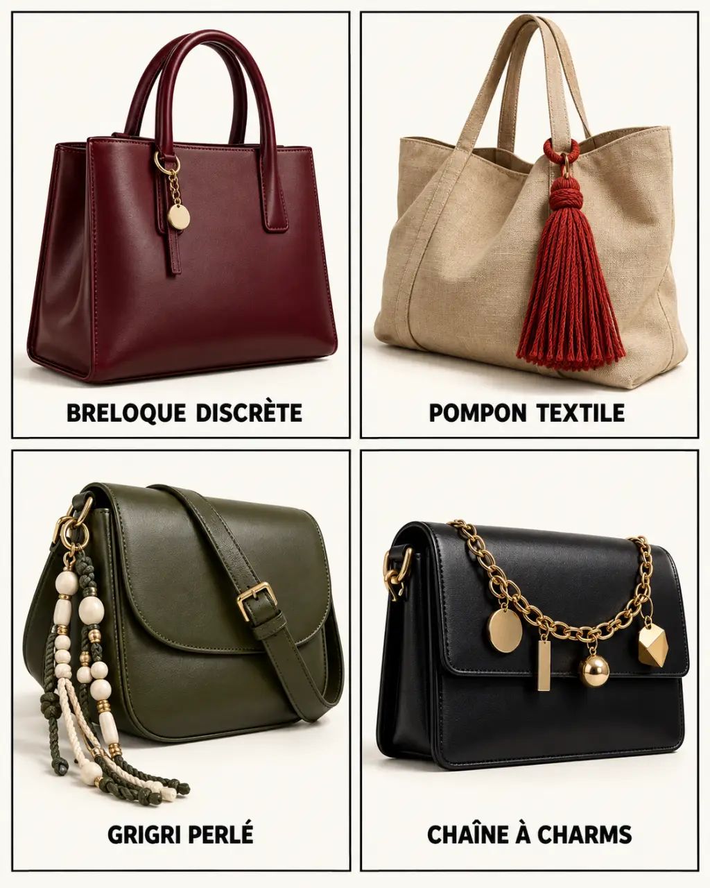 Bijoux de sacs : breloque, pompon, grigri et chaîne à charms sur différents modèles de sacs