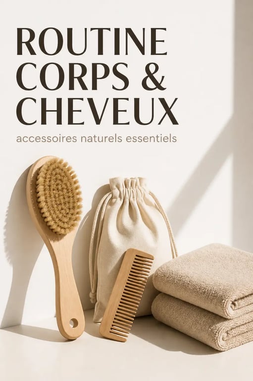 Accessoires beauté naturels pour routine corps et cheveux avec brosse de massage à sec