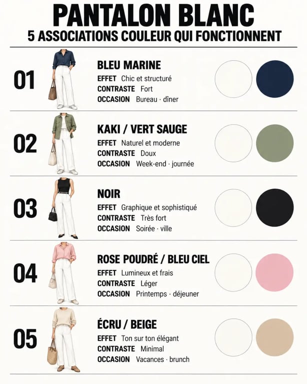 Quoi mettre avec un pantalon blanc : cinq associations de couleurs et idées de tenues