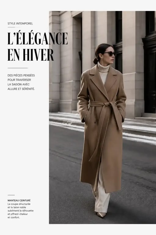 Tenue d'hiver femme chic avec manteau camel ceinturé et pull col roulé