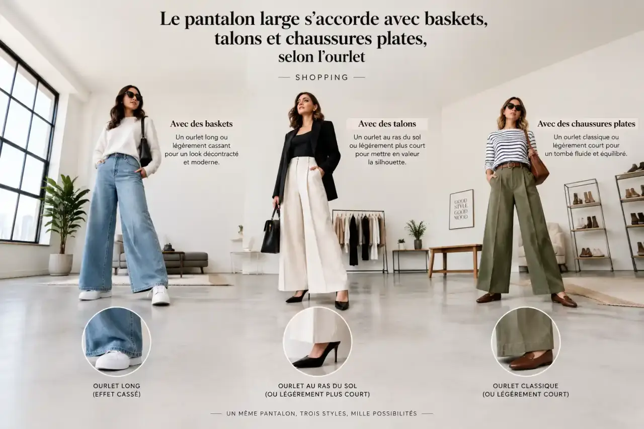 Le pantalon large s’accorde avec baskets, talons et chaussures plates, selon l’ourlet