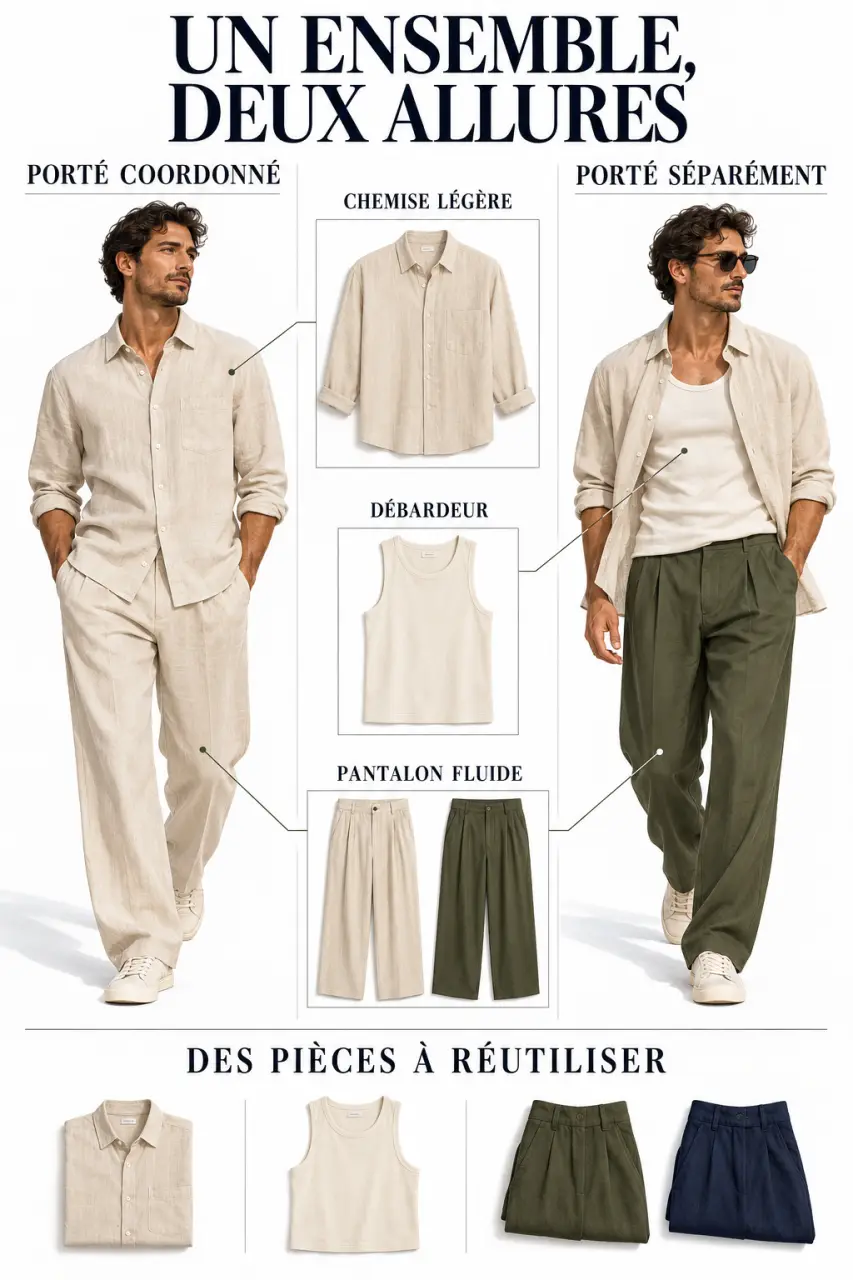 Ensemble été homme polyvalent porté ensemble et séparément