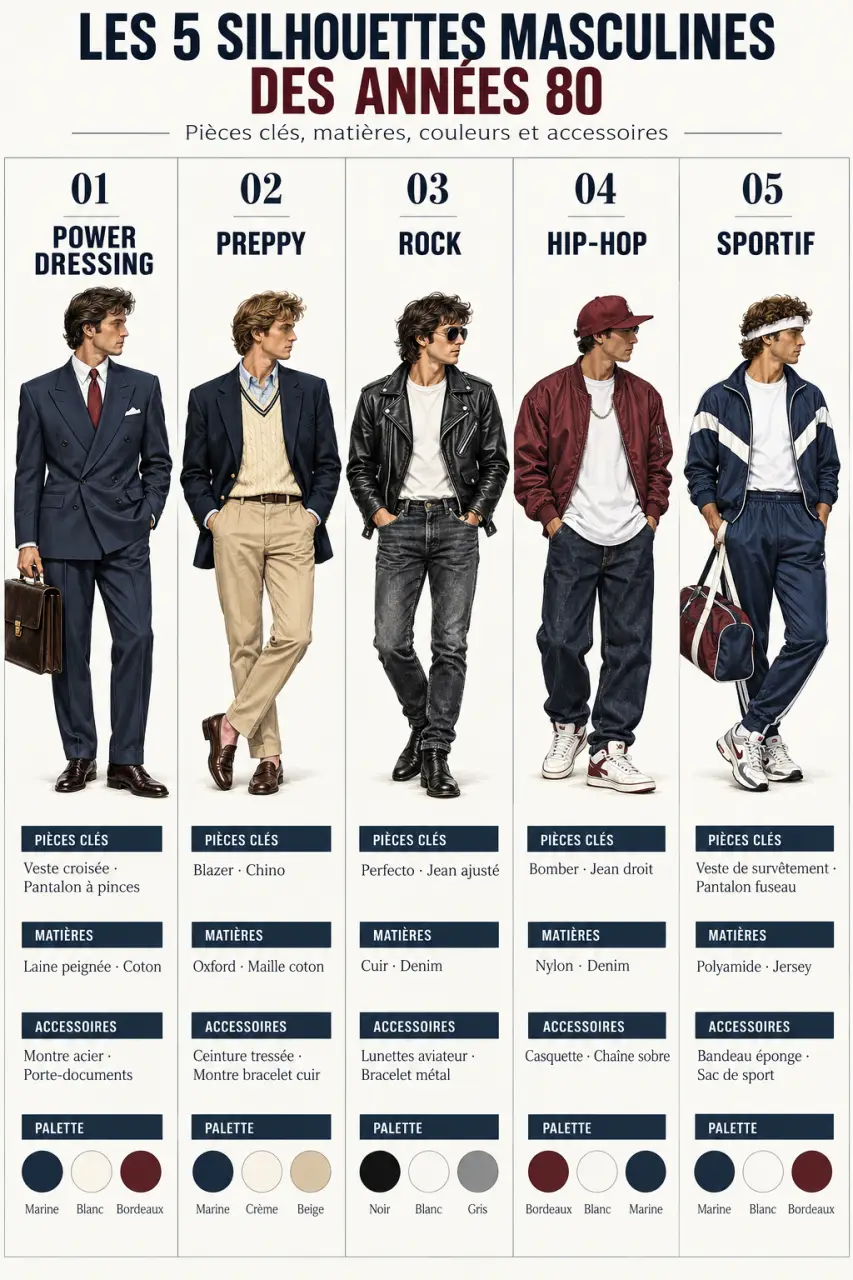 Infographie des principaux codes du style année 80 homme : power dressing, preppy, rock, hip-hop et sportif